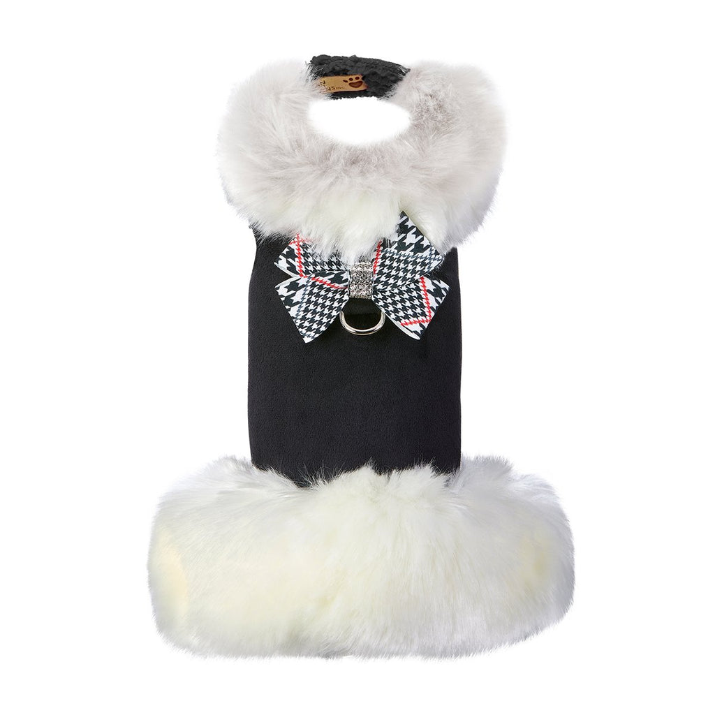 White Fur Coat with Classic Glen Houndstooth Nouveau Bow