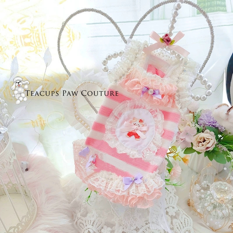 Lace, Ruffles & Bows with a Tutu Doggie Dress pink stripes / L+ (45 bust 34 back length)