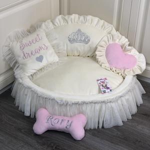 Pink and Cream Luxury Princess Dog Bed With Crown Sparkles 