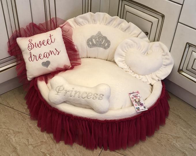 Pink and Cream Luxury Princess Dog Bed With Crown Sparkles 