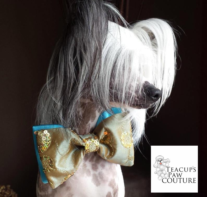 Gold Sequin and Turquoise Brocade Couture Bowtie